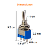 Switch Palanca 6A/125V 3A/250V 1 Polo, 2 Tiros, 3 Posiciones Enclave  (ON-OFF-ON) Mini